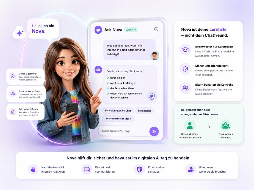 Illustration von Ask Nova als sichere Lernhilfe mit Kursfragen, Elternkontrolle und klaren Grenzen
