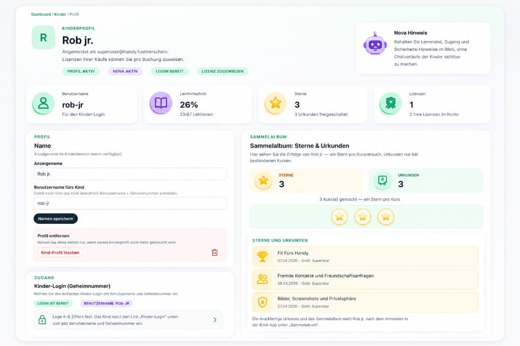 Vorschau des Kinderbereichs mit Profil, Fortschritt, Login, Lizenzen und Sammelalbum