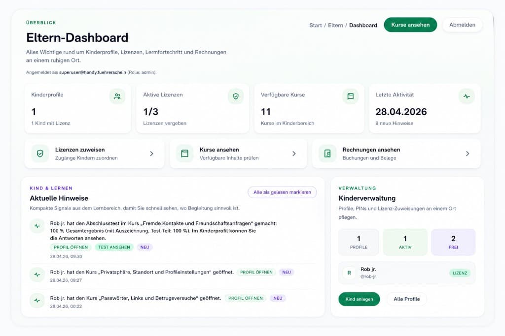 Vorschau des Eltern-Dashboards mit Kinderprofilen, Lizenzen, Kursen und aktuellen Hinweisen