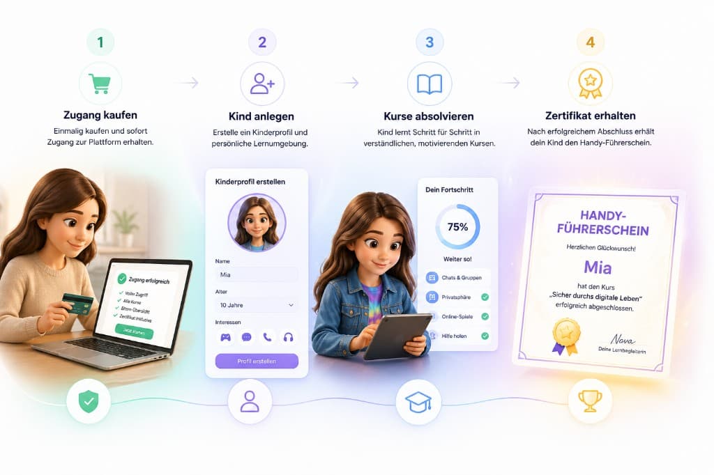 Illustration des Ablaufs: Zugang kaufen, Kind anlegen, Kurse absolvieren und Zertifikat erhalten