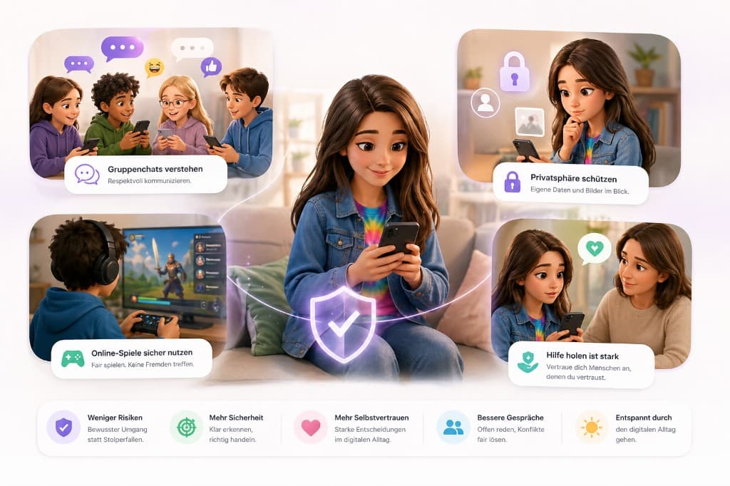 Illustration zu digitalen Alltagssituationen wie Gruppenchats, Online-Spielen, Privatsphäre und Hilfe holen